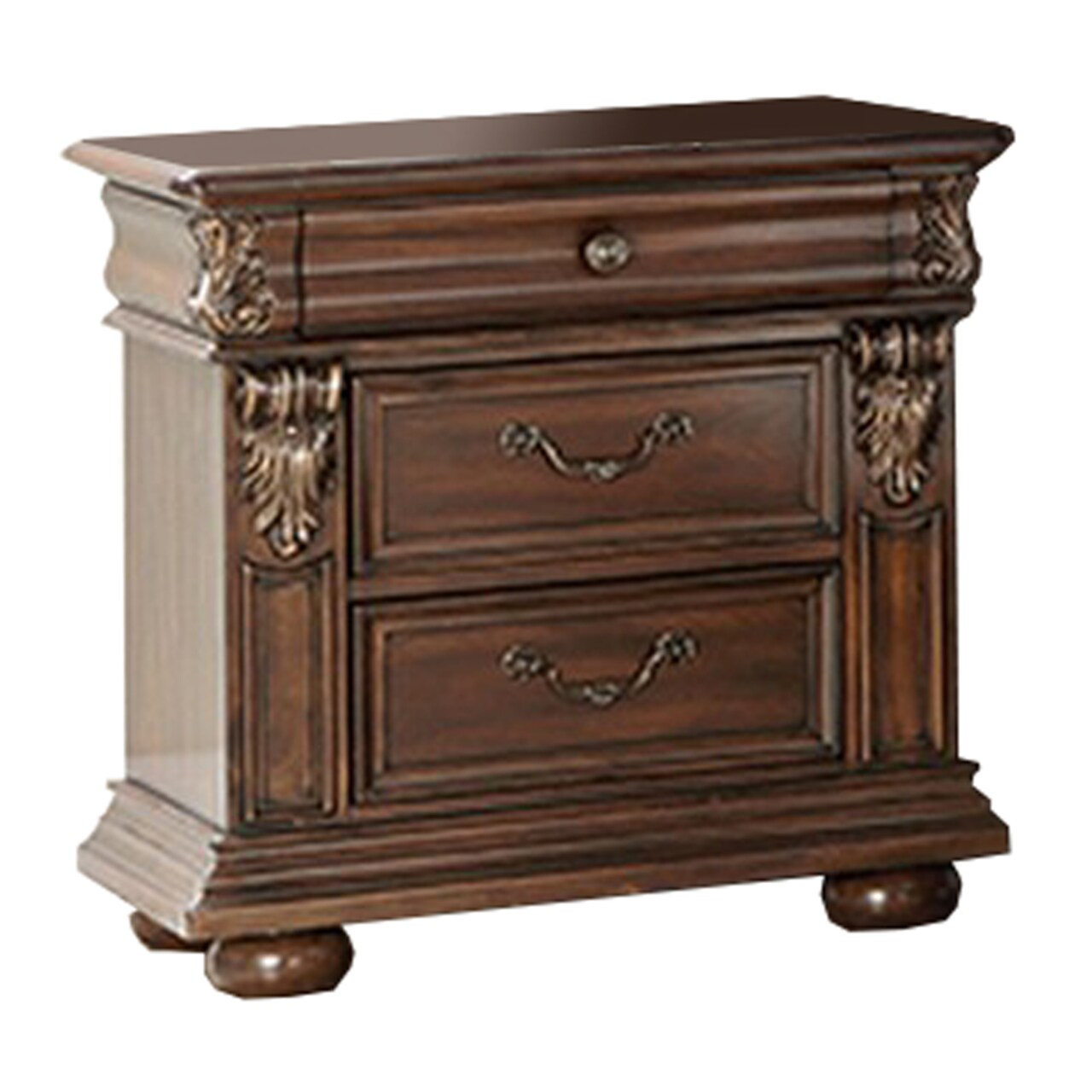 Saltoro Sherpi 3 Drawer Wooden Nightstand with Molded and Carved Details, Brown-